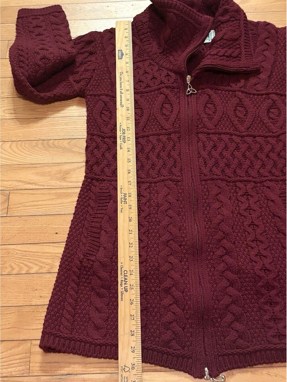Aran Crafts Ireland 100% Merino Wool Cable Knit Full Zip Cardigan Size M Wine - Picture 6 of 7